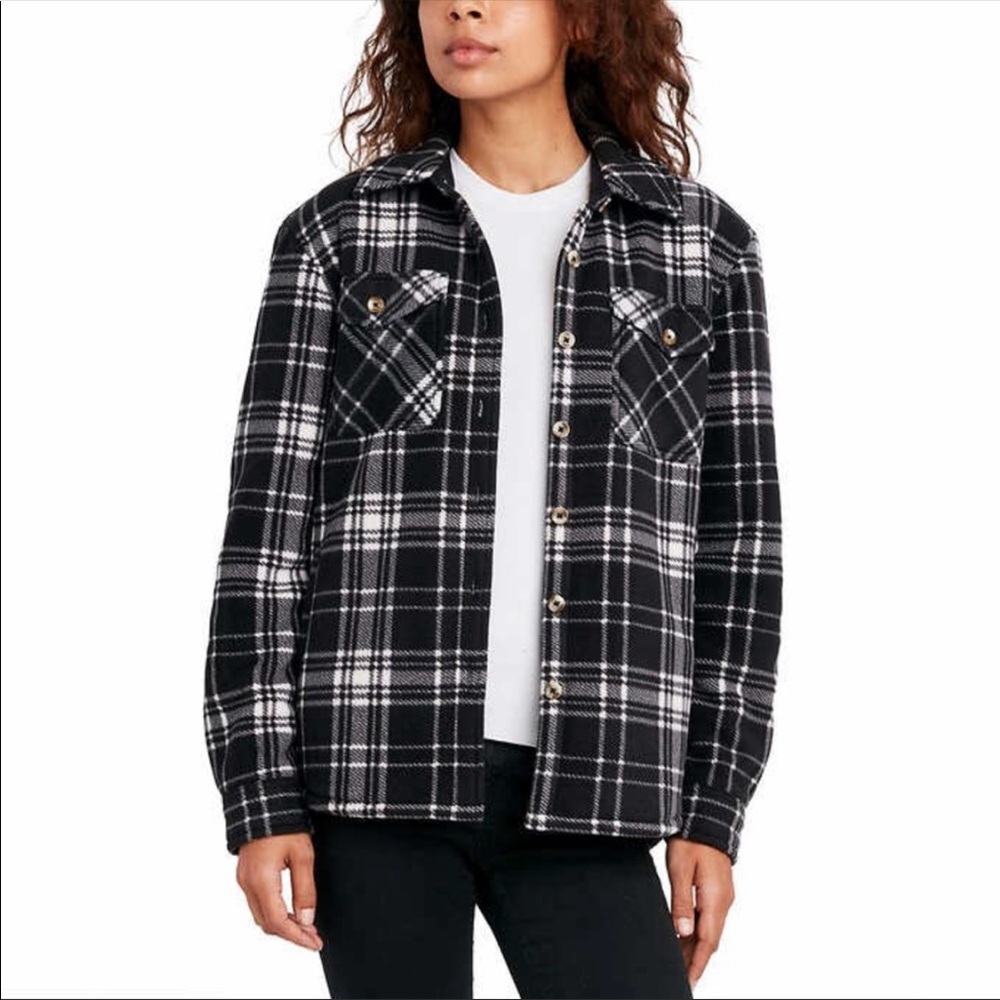 SAGE Black Flannel Plaid Shirt Jacket Sherpa Lined Shacket With Hand Pockets NEW